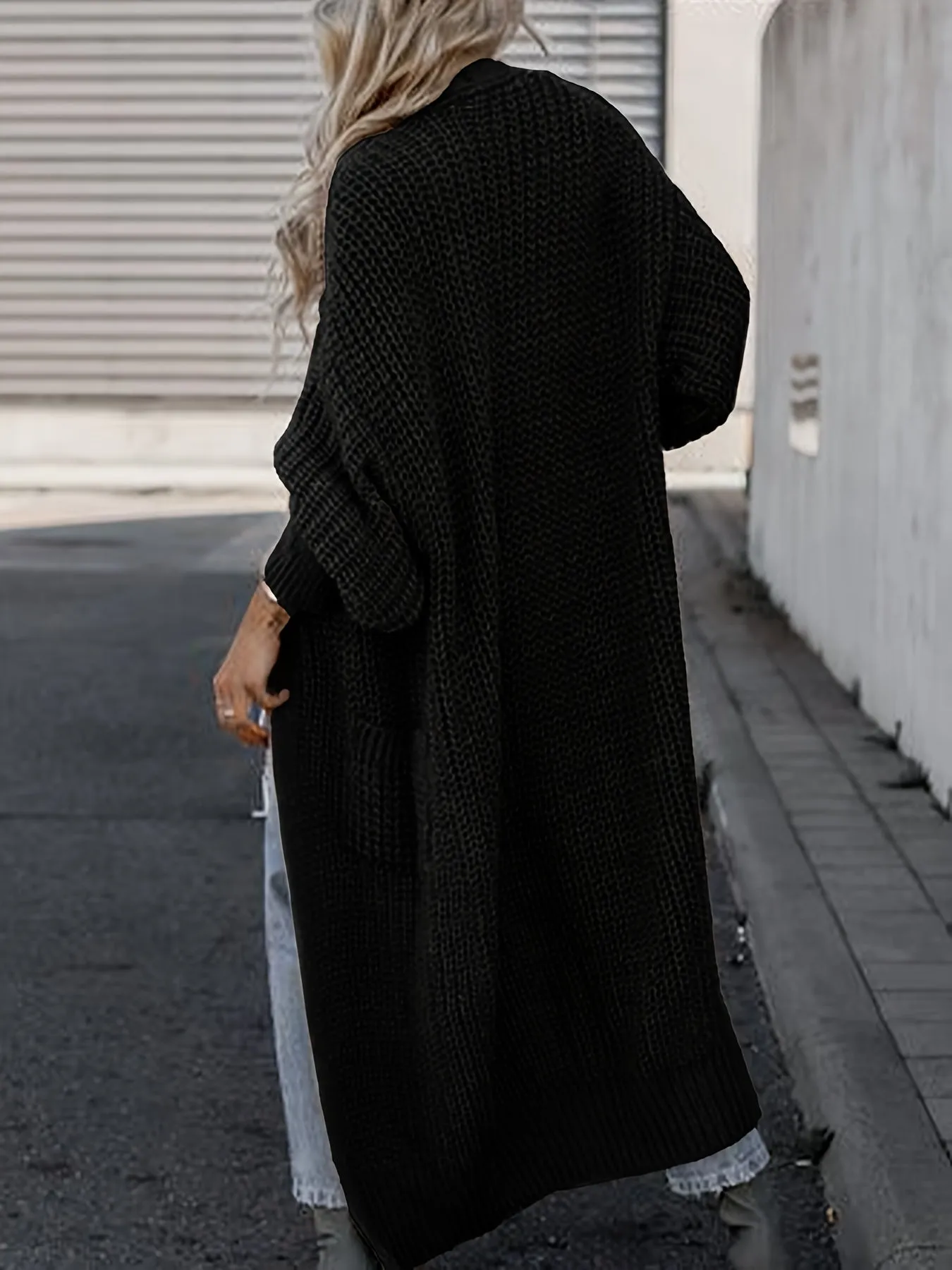 Solido Cardigan Con Tasca Frontale Aperta, Maglione Lungo A Maniche Lunghe Casual Per Autunno E Inverno, Abbigliamento Da Donna
