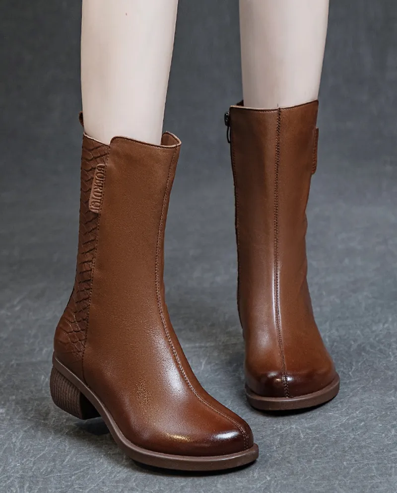 Stivali Autunno e Inverno Nuovo stile Stivali in pelle da donna in vera pelle Tacco spesso lavato Primo strato Morbida pelle bov