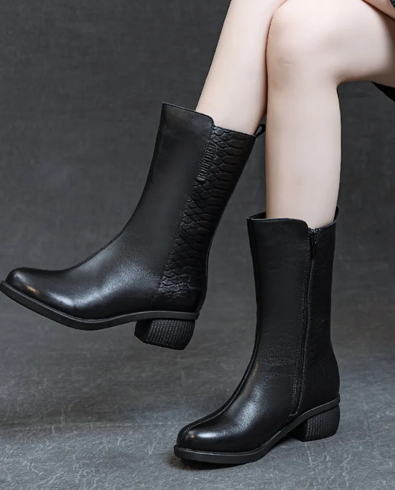 Stivali Autunno e Inverno Nuovo stile Stivali in pelle da donna in vera pelle Tacco spesso lavato Primo strato Morbida pelle bov