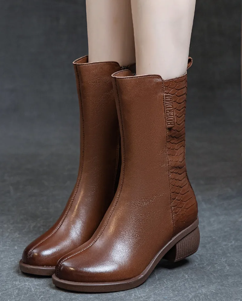 Stivali Autunno e Inverno Nuovo stile Stivali in pelle da donna in vera pelle Tacco spesso lavato Primo strato Morbida pelle bov
