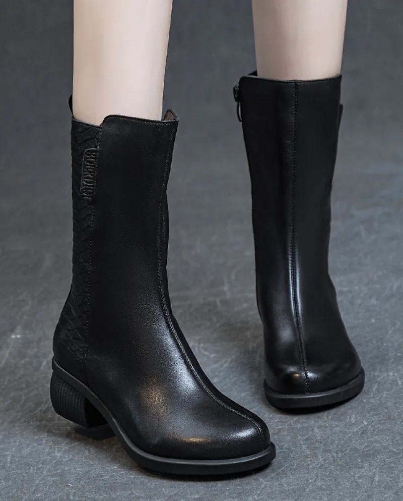 Stivali Autunno e Inverno Nuovo stile Stivali in pelle da donna in vera pelle Tacco spesso lavato Primo strato Morbida pelle bov