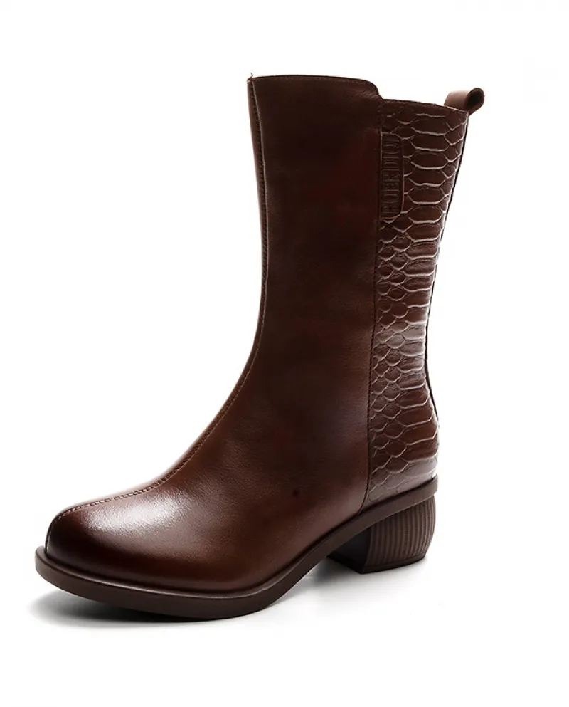 Stivali Autunno e Inverno Nuovo stile Stivali in pelle da donna in vera pelle Tacco spesso lavato Primo strato Morbida pelle bov