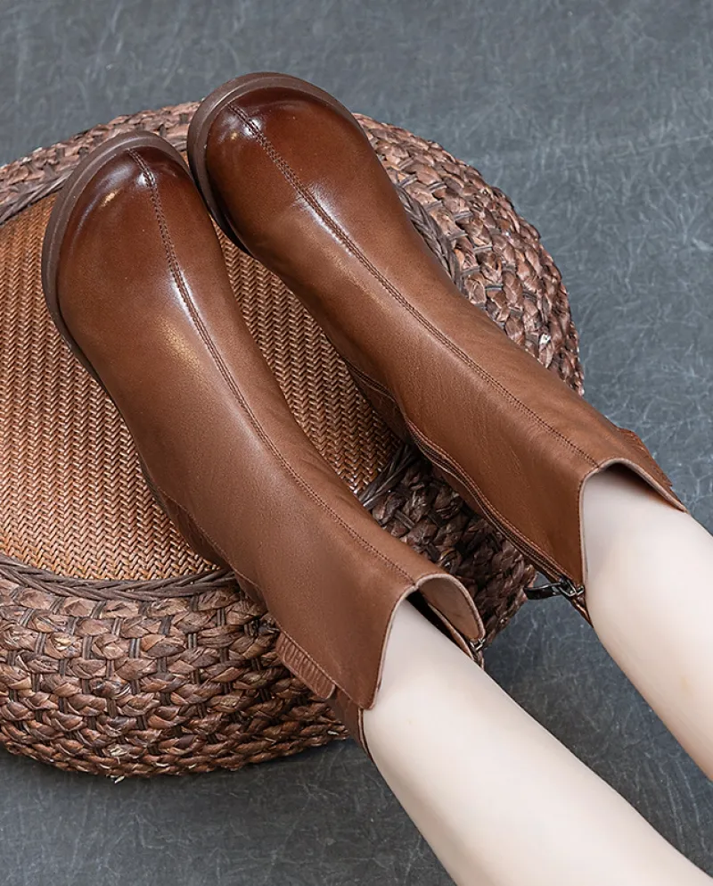 Stivali Autunno e Inverno Nuovo stile Stivali in pelle da donna in vera pelle Tacco spesso lavato Primo strato Morbida pelle bov