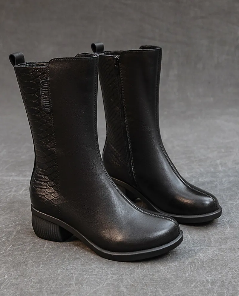Stivali Autunno e Inverno Nuovo stile Stivali in pelle da donna in vera pelle Tacco spesso lavato Primo strato Morbida pelle bov