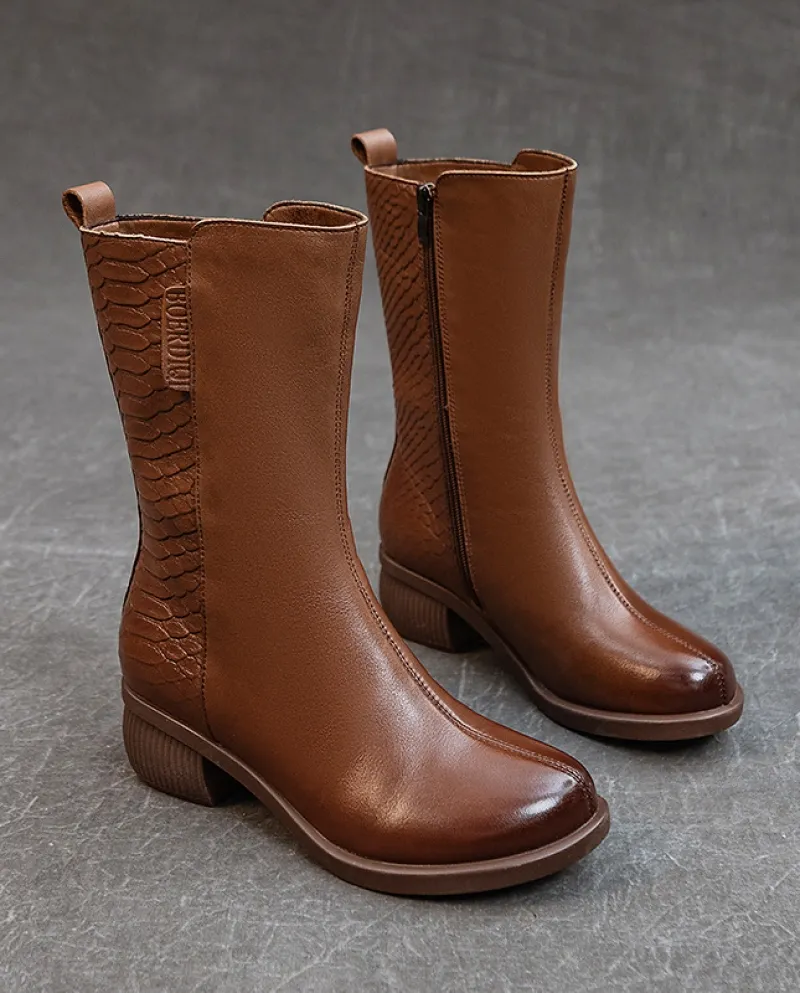 Stivali Autunno e Inverno Nuovo stile Stivali in pelle da donna in vera pelle Tacco spesso lavato Primo strato Morbida pelle bov