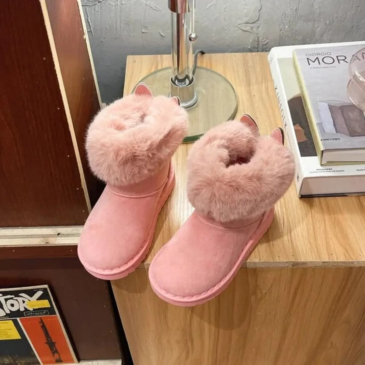 Stivali da neve per bambini con coniglio Nuove scarpe invernali in cotone caldo e morbido per bambini 2024 con stivali in pelle