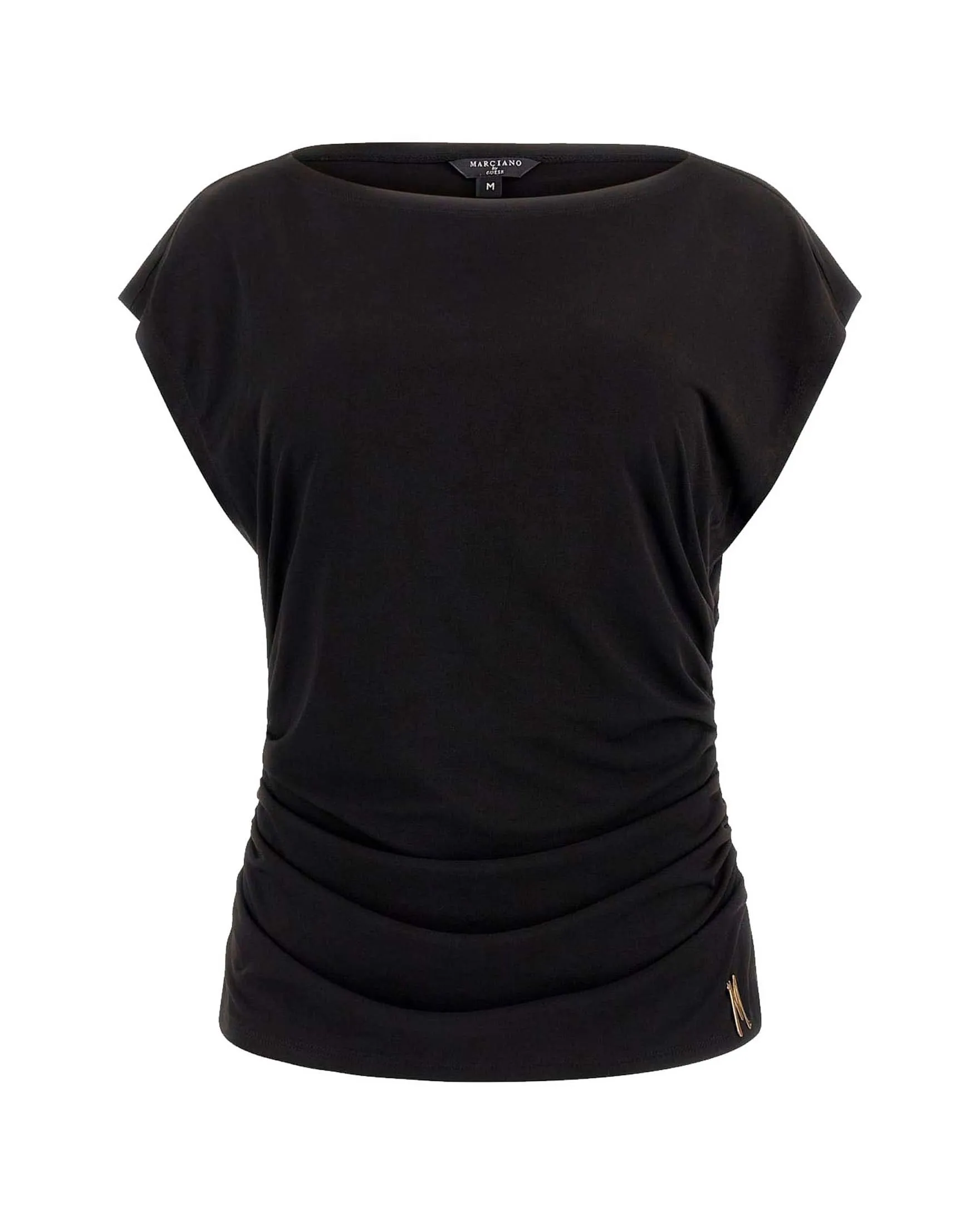 T-shirt nera con scollo a barca in jersey slim con maniche ad aletta e arricciature laterali
