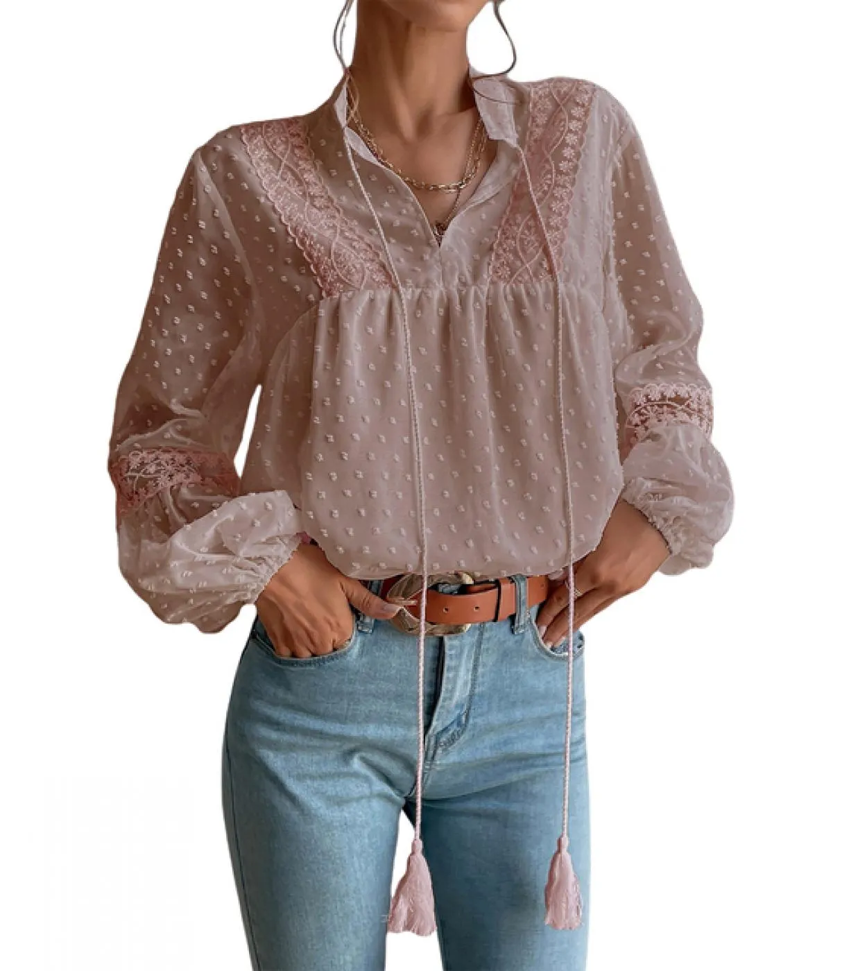 Tetyseysh Camicetta jacquard a pois a maniche lunghe da donna con coulisse in chiffon con impunture in pizzo camicia a maniche l