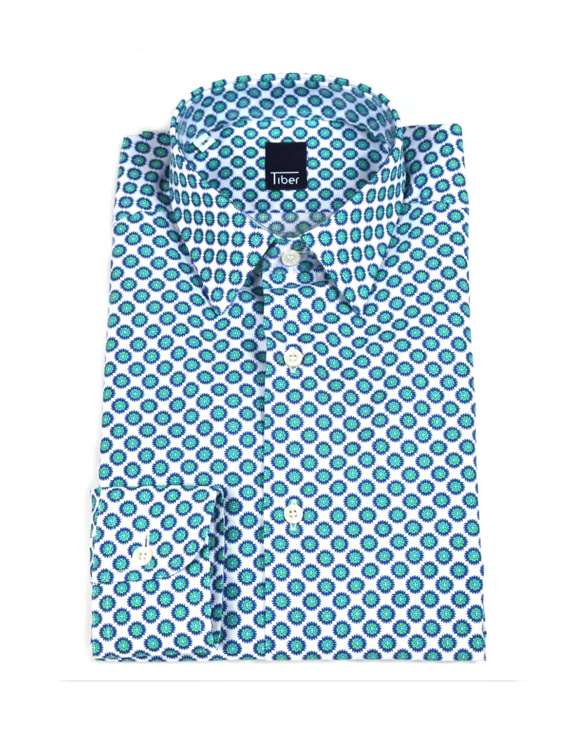 TIBER camicia uomo bianca fantasia verde bolli siculi