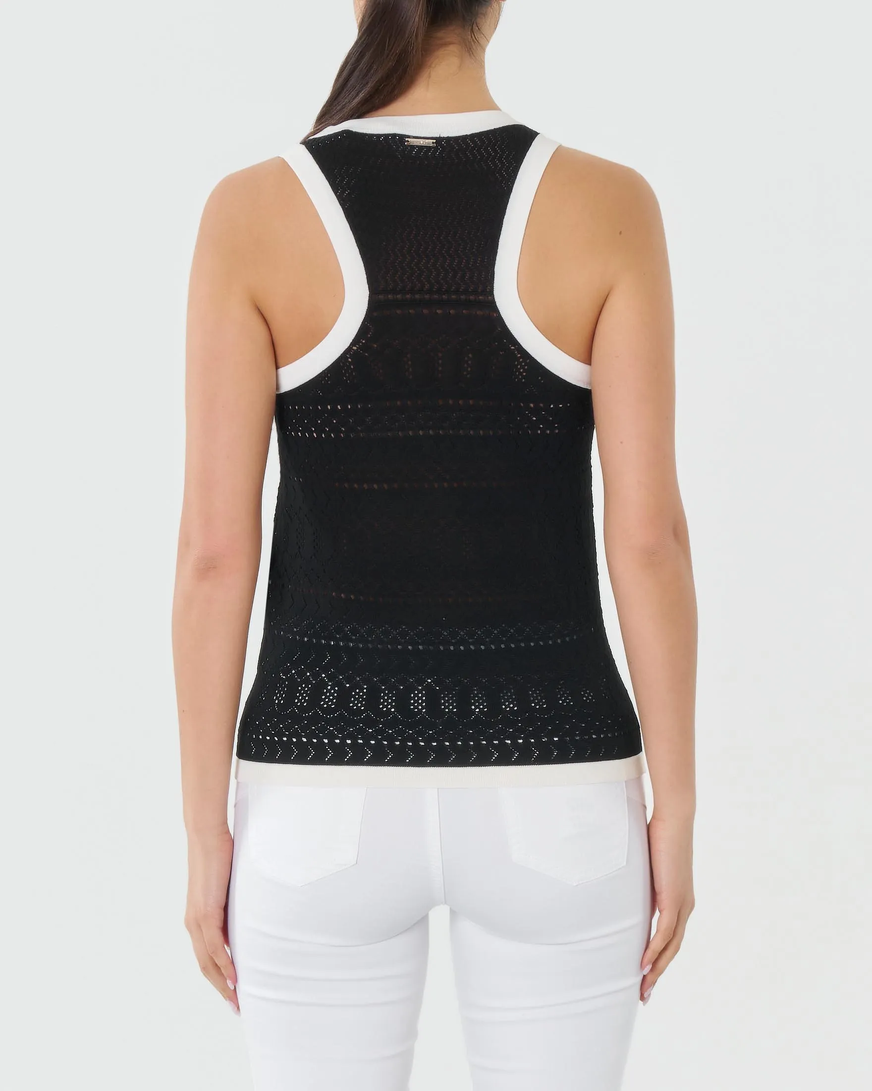 Top nero in maglia senza maniche a motivo punzonato di misto viscosa
