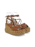 Zeppa Emanuèlle Vee SANDALO CON FIORE in pelle e raffia cuoio e beige